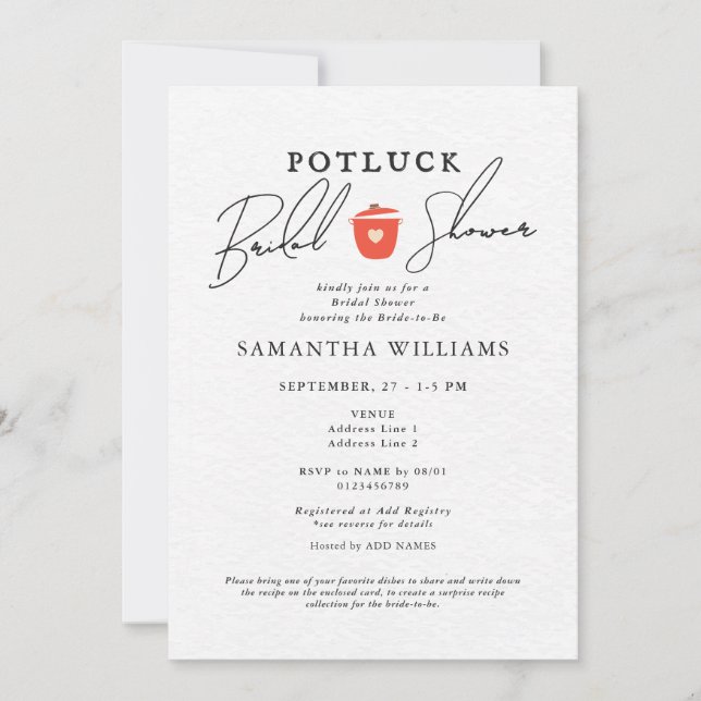 Invitación Fiesta de Despedida de Soltera Blanca Potluck (Anverso)