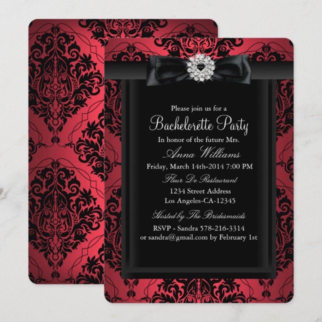 Invitación Fiesta de Despedida de Soltera Chic Damask Rojo y  (Anverso / Reverso)