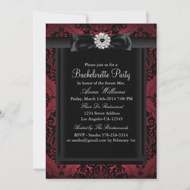 Invitación Fiesta de Despedida de Soltera Chic Damask Rojo y  (Anverso)