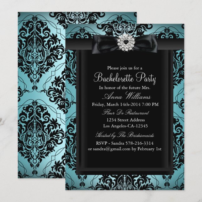 Invitación Fiesta de Despedida de Soltera Chic en Damasco Ver (Anverso / Reverso)