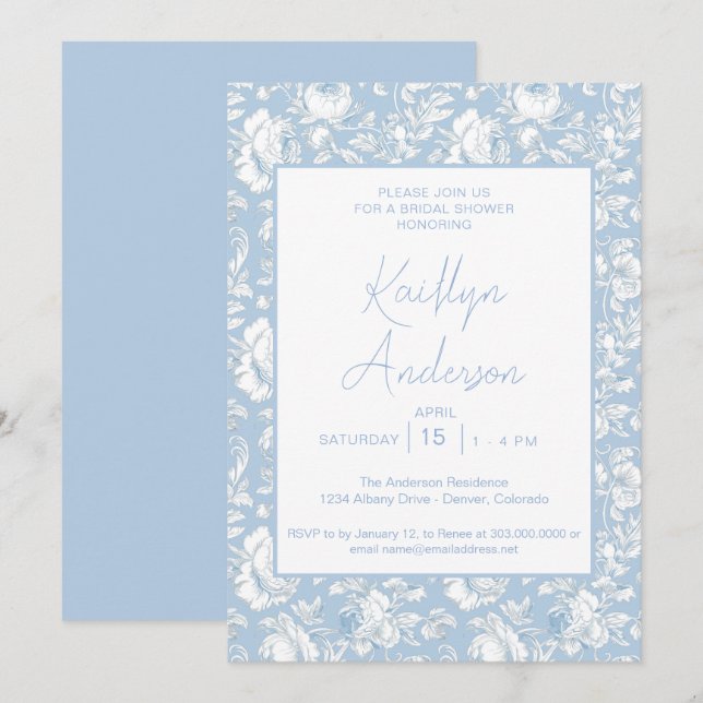 Invitación Fiesta de Despedida de Soltera Chinoiserie Azul y  (Anverso / Reverso)