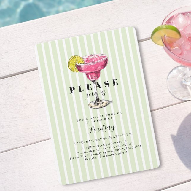 Invitación Fiesta de Despedida de Soltera Cóctel con Raya Ver (Green Stripe Cocktail Bridal Shower Party Invitation)