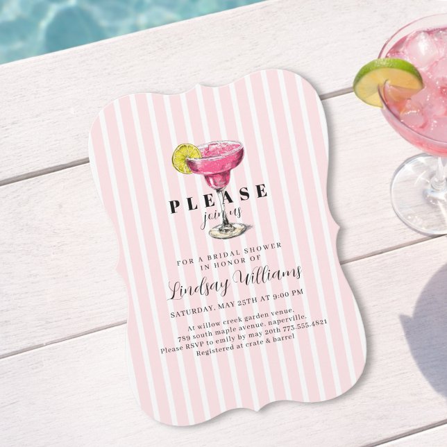 Invitación Fiesta de Despedida de Soltera Cóctel de Raya Rosa (Pink Stripe Cocktail Bridal Shower Party Invitation)
