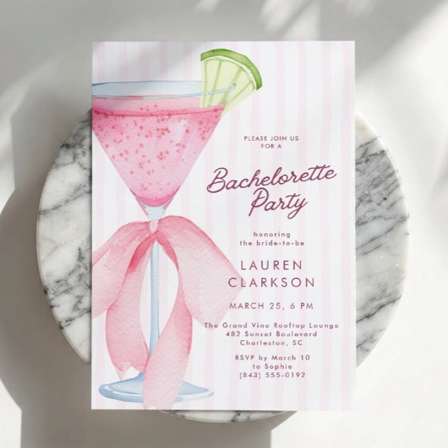Invitación Fiesta de Despedida de Soltera Cóctel Lazo Rosa Co (Subido por el creador)