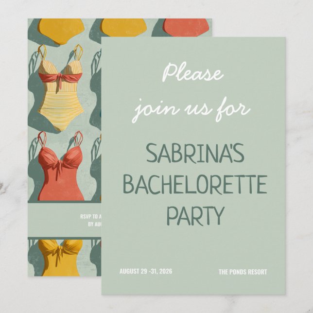 Invitación Fiesta de Despedida de Soltera con Bikinis Retro (Anverso / Reverso)
