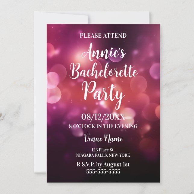 Invitación Fiesta de Despedida de Soltera con Bokeh Rosa Oscu (Anverso)