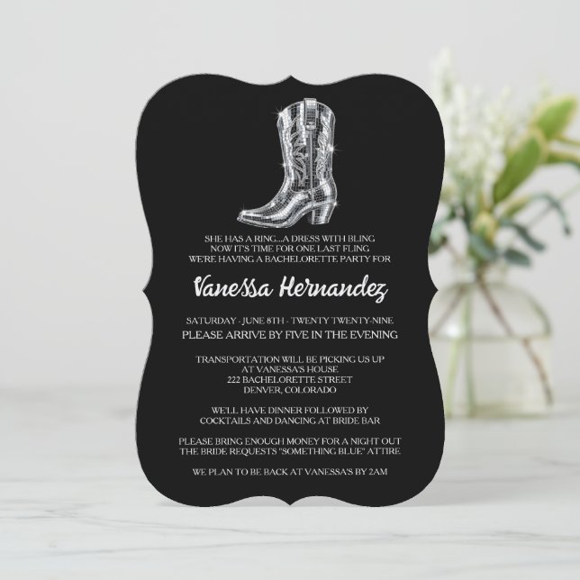Invitación Fiesta de Despedida de Soltera con Botas de Disco (Anverso de pie)
