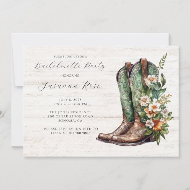 Invitación Fiesta de Despedida de Soltera con Botas Rústicas (Anverso)
