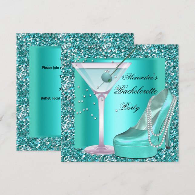 Invitación Fiesta de Despedida de Soltera con Brillo Aqua Azu (Anverso / Reverso)