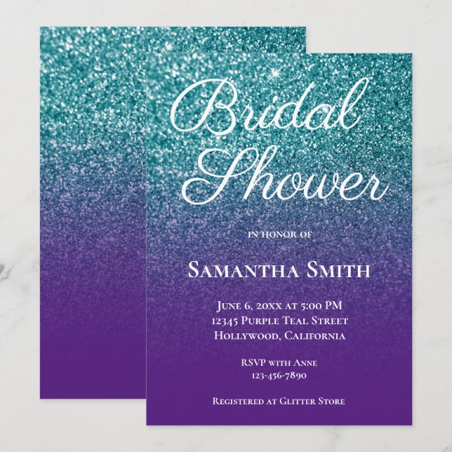 Invitación Fiesta de Despedida de Soltera con Brillo Ombre Ve (Anverso / Reverso)