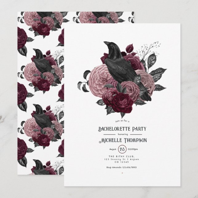 Invitación Fiesta de Despedida de Soltera con Cuervo Gótico y (Anverso / Reverso)