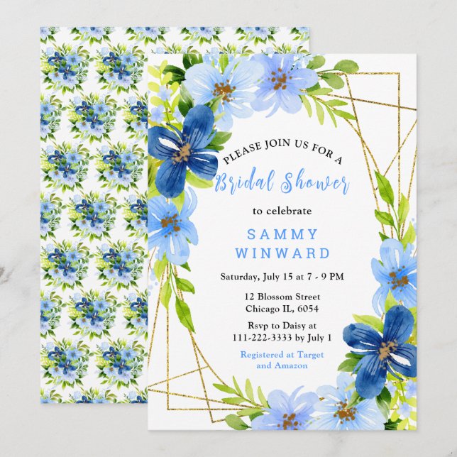 Invitación Fiesta de Despedida de Soltera con Flores Azules y (Anverso / Reverso)