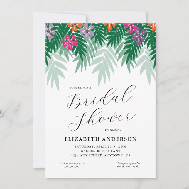 Invitación Fiesta de Despedida de Soltera con Flores Tropical (Anverso)