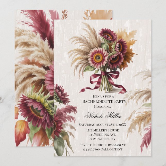 Invitación Fiesta de Despedida de Soltera con Girasoles de Bo (Anverso / Reverso)
