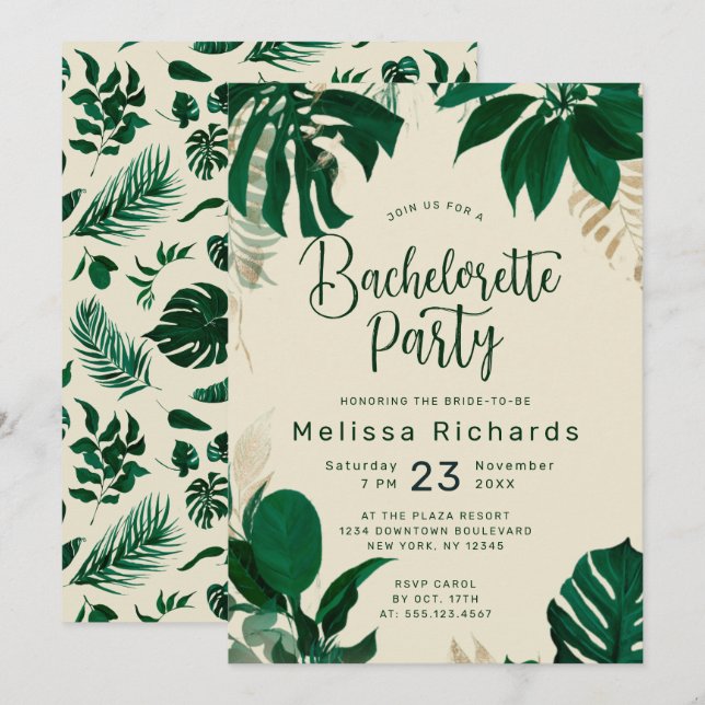 Invitación Fiesta de Despedida de Soltera con Hojas Verdes de (Anverso / Reverso)