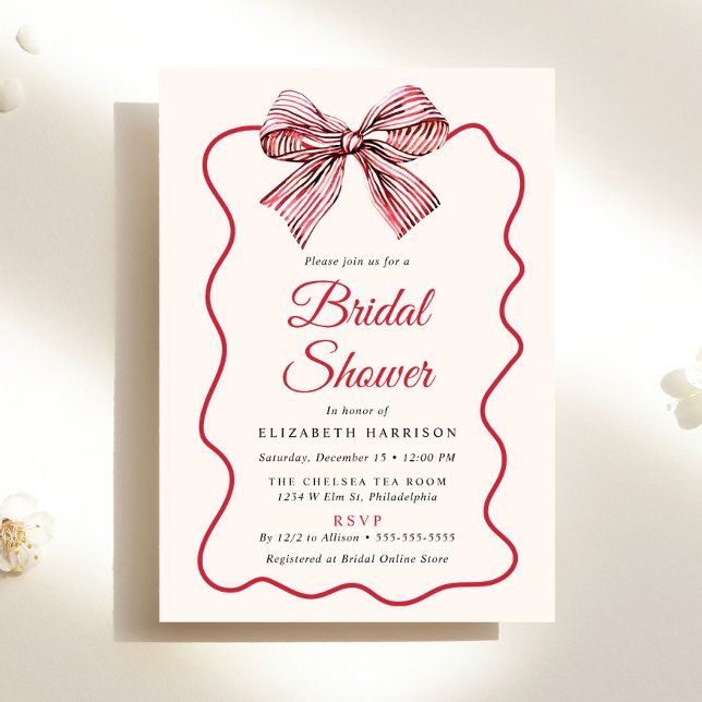 Invitación Fiesta de Despedida de Soltera con Lazo de Rayas R (Red Striped Coquette Bow Bridal Shower Invitation
)