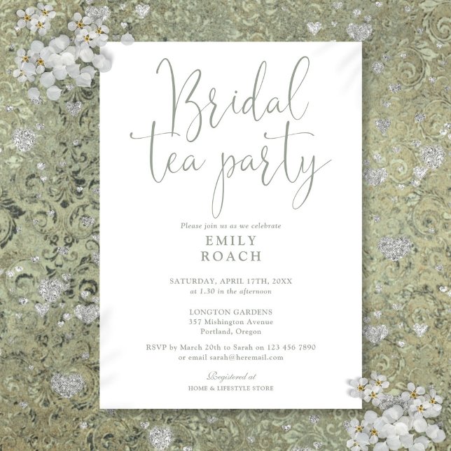 Invitación Fiesta de Despedida de Soltera con Té de Escritura (Sage Green Elegant Script Bridal Tea Party Shower Invitation)