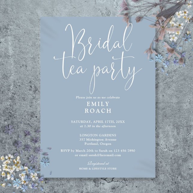 Invitación Fiesta de Despedida de Soltera con Té de Escritura (Dusty Blue Elegant Script Bridal Tea Party Shower Invitation)