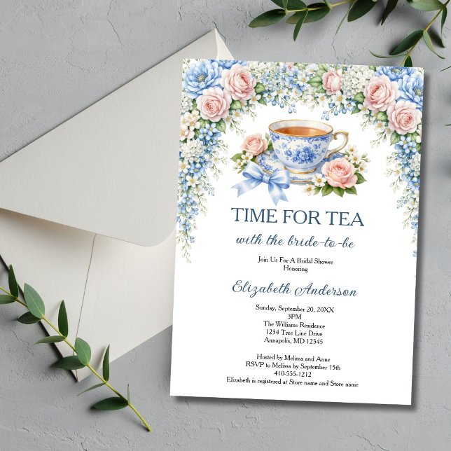 Invitación Fiesta de Despedida de Soltera con Té, Florales de (Time For Tea with the Bride to be. Bridal Shower Tea Party Invitation. Pink Blue Florals. )
