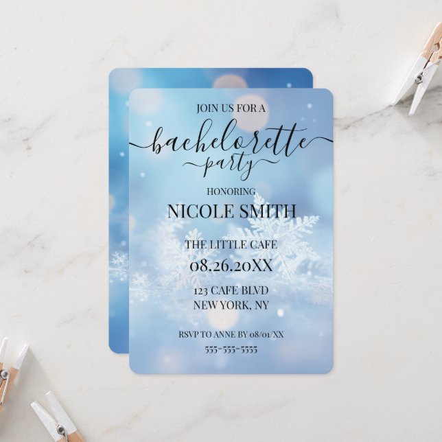 Invitación Fiesta de Despedida de Soltera Copos de Nieve Azul (Anverso/Reverso In Situ)