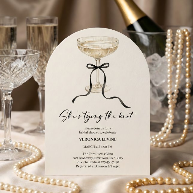 Invitación Fiesta de Despedida de Soltera Coquette Bow Ella s (She’s Tying the Knot Bridal Shower - Champagne Coupe Bow, Modern Arch)