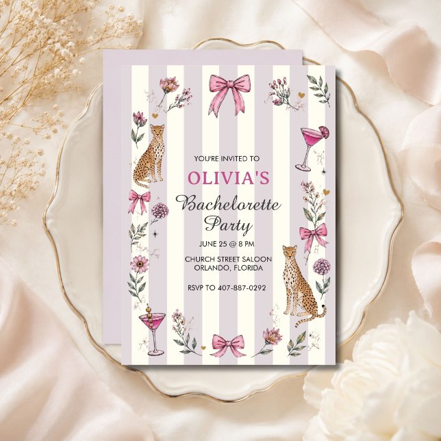 Invitación Fiesta de Despedida de Soltera Coquette Lavanda Ch (Lavender Coquette Cheetah Bachelorette Party Invitation)