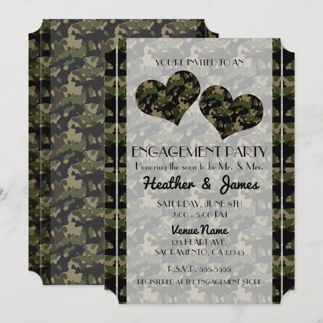 Invitación Fiesta de Despedida de Soltera de Camuflaje Corazo (Anverso / Reverso)