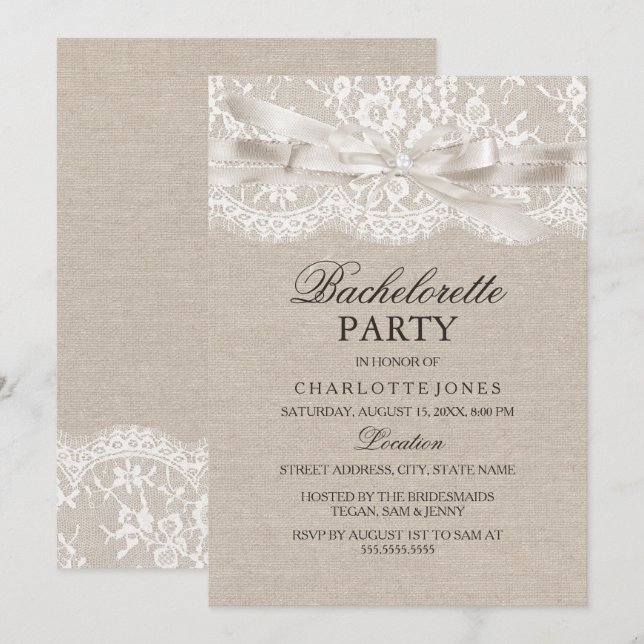 Invitación Fiesta de Despedida de Soltera de Encaje y Arpille (Anverso / Reverso)