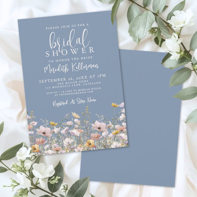 Invitación Fiesta de Despedida de Soltera de Flor Silvestre P (Periwinkle Wildflower Bridal Shower Invitation)
