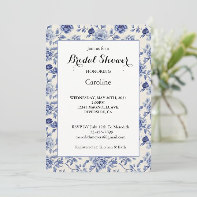 Invitación Fiesta de Despedida de Soltera de Flores Azules Bo (Anverso de pie)