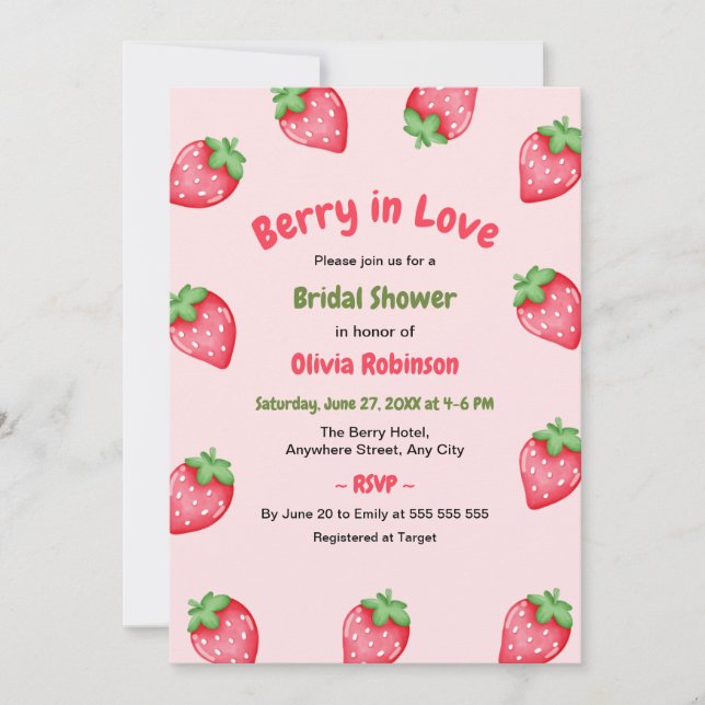 Invitación Fiesta de Despedida de Soltera de Fresa Rosa y Roj (Anverso)