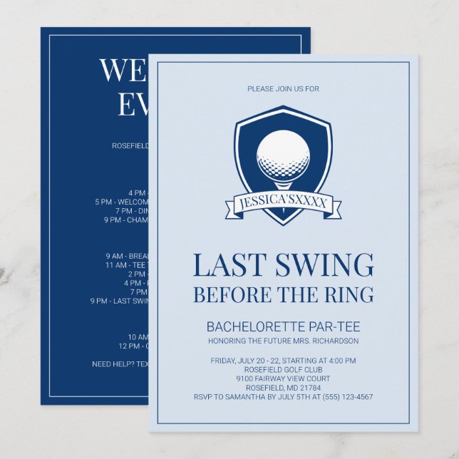 Invitación Fiesta de Despedida de Soltera de Golf Azul y Blan (Anverso / Reverso)