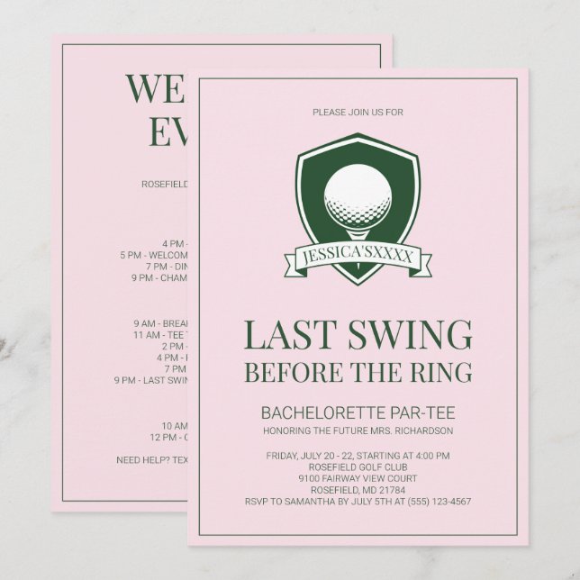 Invitación Fiesta de Despedida de Soltera de Golf con Último  (Anverso / Reverso)
