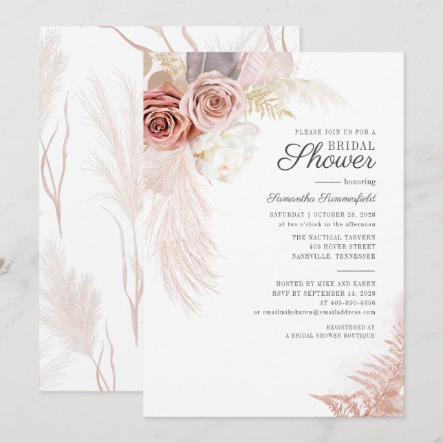 Invitación Fiesta de Despedida de Soltera de Hierba de Pampas (Anverso / Reverso)
