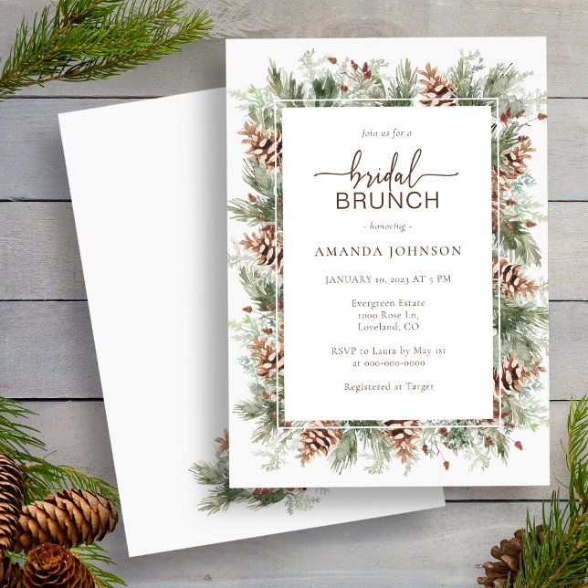 Invitación Fiesta de Despedida de Soltera de Invierno (Watercolor Pinecone Greenery Holiday Winter Bridal Brunch Shower Invitation by Painted Paperie
)