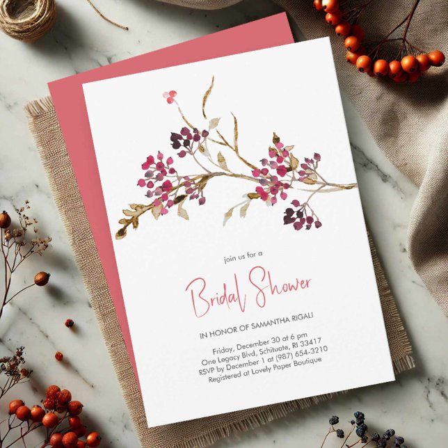 Invitación Fiesta de Despedida de Soltera de Navidad Elegante (Rustic bridal shower invitations watercolor red berries and botanicals)