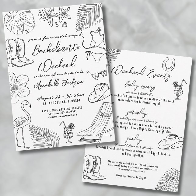 Invitación Fiesta de Despedida de Soltera de Vaquera Costera  (Hand Drawn Coastal Cowgirl Bachelorette Party Invitation)