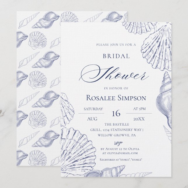Invitación Fiesta de Despedida de Soltera Elegante Blue Shell (Anverso / Reverso)