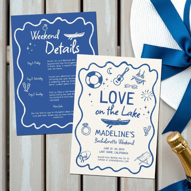 Invitación Fiesta de Despedida de Soltera en la Casa del Lago (lakehouse bachelorette party weekend invitation itinerary love on the lake lakeside bride hand drawn)