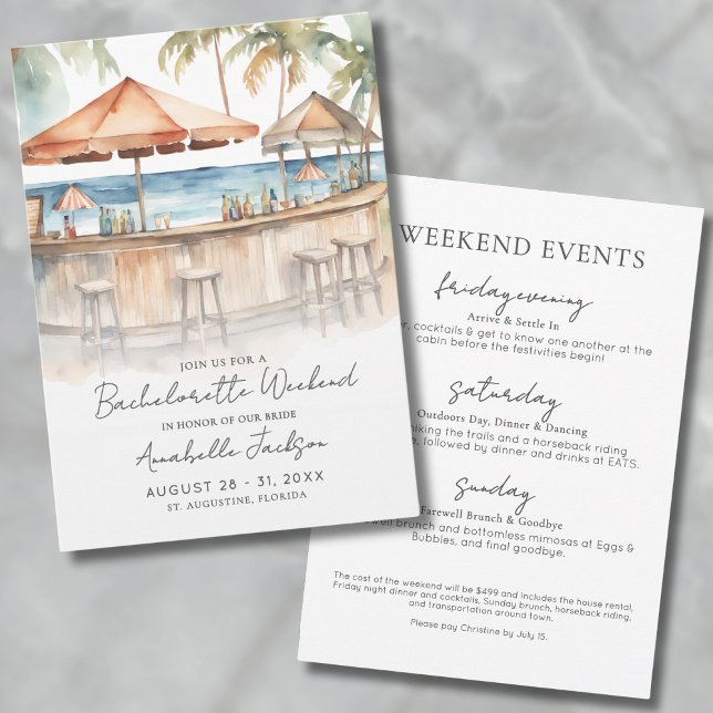 Invitación Fiesta de Despedida de Soltera en la Playa con Acu (Girls Weekend Watercolor Beach Bachelorette Party Invitation)