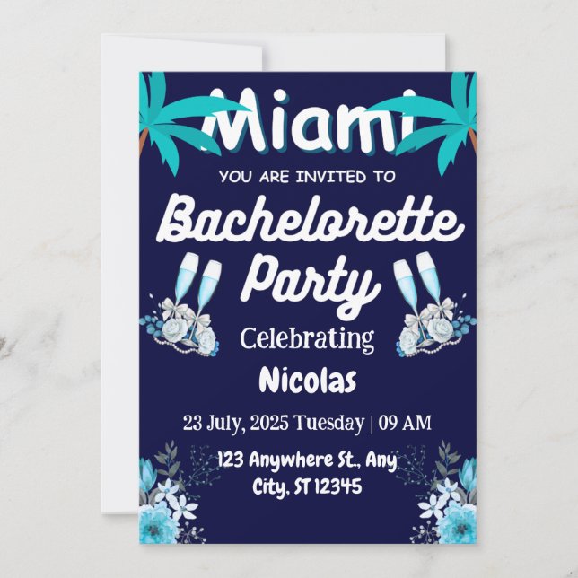 Invitación Fiesta de Despedida de Soltera en la Playa de Miam (Anverso)
