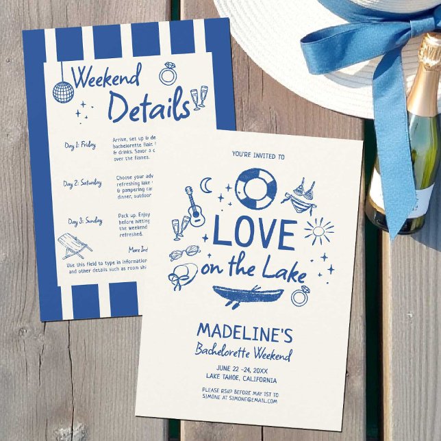Invitación Fiesta de Despedida de Soltera en Lakehouse Amor L (lakehouse bachelorette party weekend invitation love on the lake lakeside bride hand drawn blue)