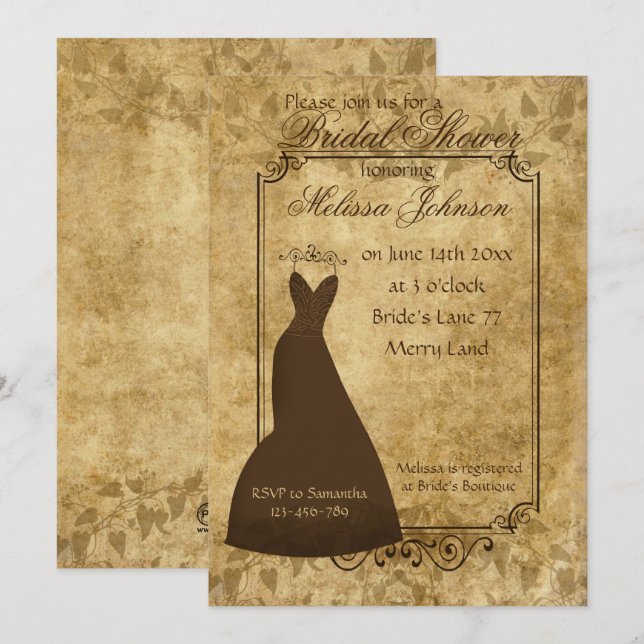 Invitación Fiesta de Despedida de Soltera en papel marrón rús (Anverso / Reverso)
