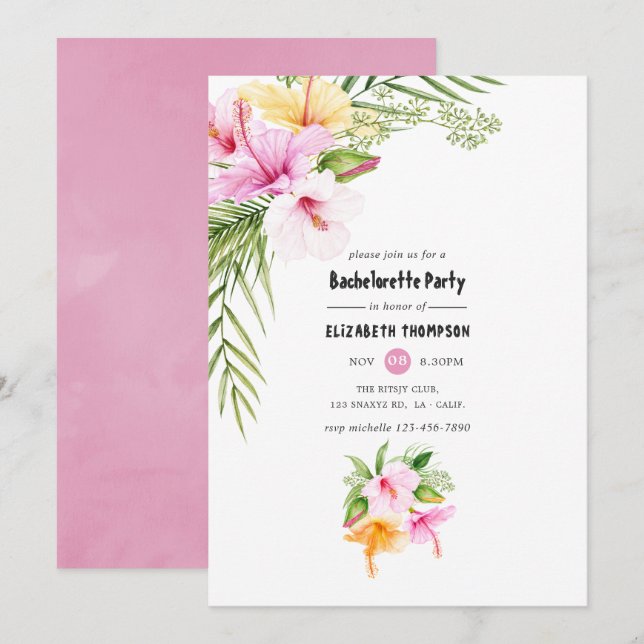 Invitación Fiesta de Despedida de Soltera Exótica Tropical Fl (Anverso / Reverso)