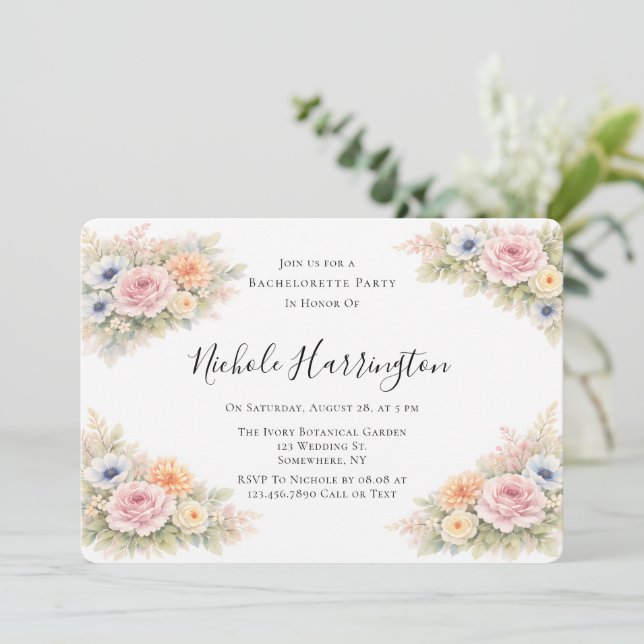 Invitación Fiesta de Despedida de Soltera Floral Acuarela Sua (Anverso de pie)