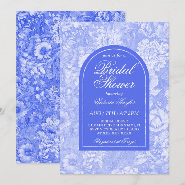Invitación Fiesta de Despedida de Soltera Floral Azul Real Vi (Anverso / Reverso)