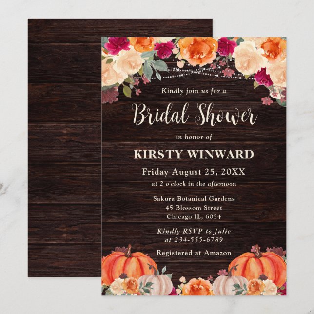 Invitación Fiesta de Despedida de Soltera Floral de Calabaza  (Anverso / Reverso)