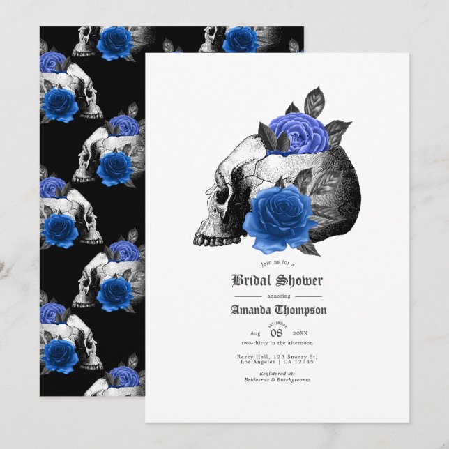 Invitación Fiesta de Despedida de Soltera Floral Gótico Azul  (Anverso / Reverso)