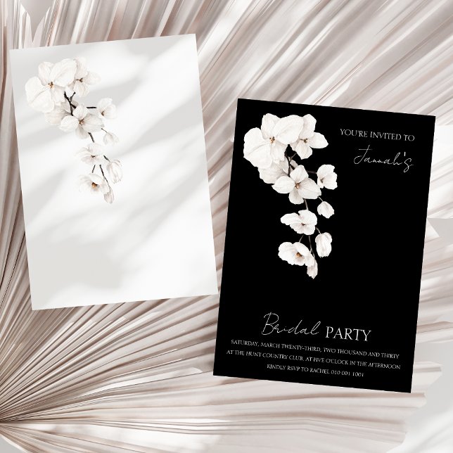 Invitación Fiesta de Despedida de Soltera Floral Orquídea Bla (Modern Black White Orchids Floral Bridal Party Invitation)