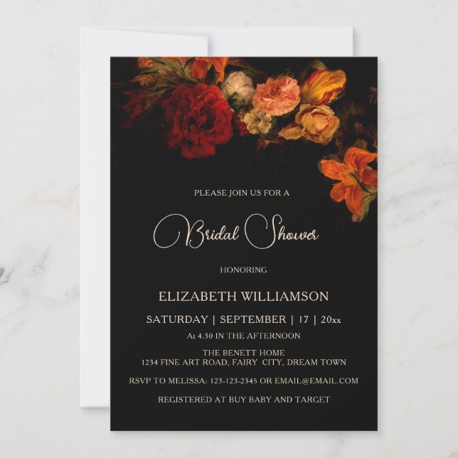 Invitación Fiesta de Despedida de Soltera Floral Oscura de Be (Anverso)
